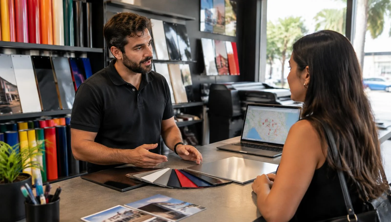 Atendente de empresa de comunicação visual apresentando amostras de chapas a uma cliente no balcão.