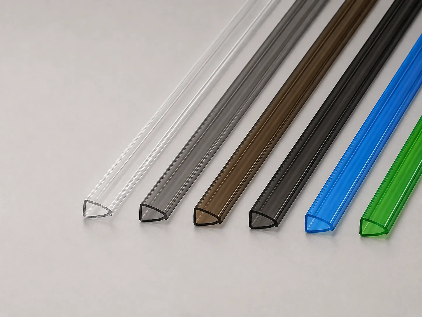 Perfil U para policarbonato alveolar nas cores cristal, cinza refletivo, bronze, cinza fumê, azul e verde